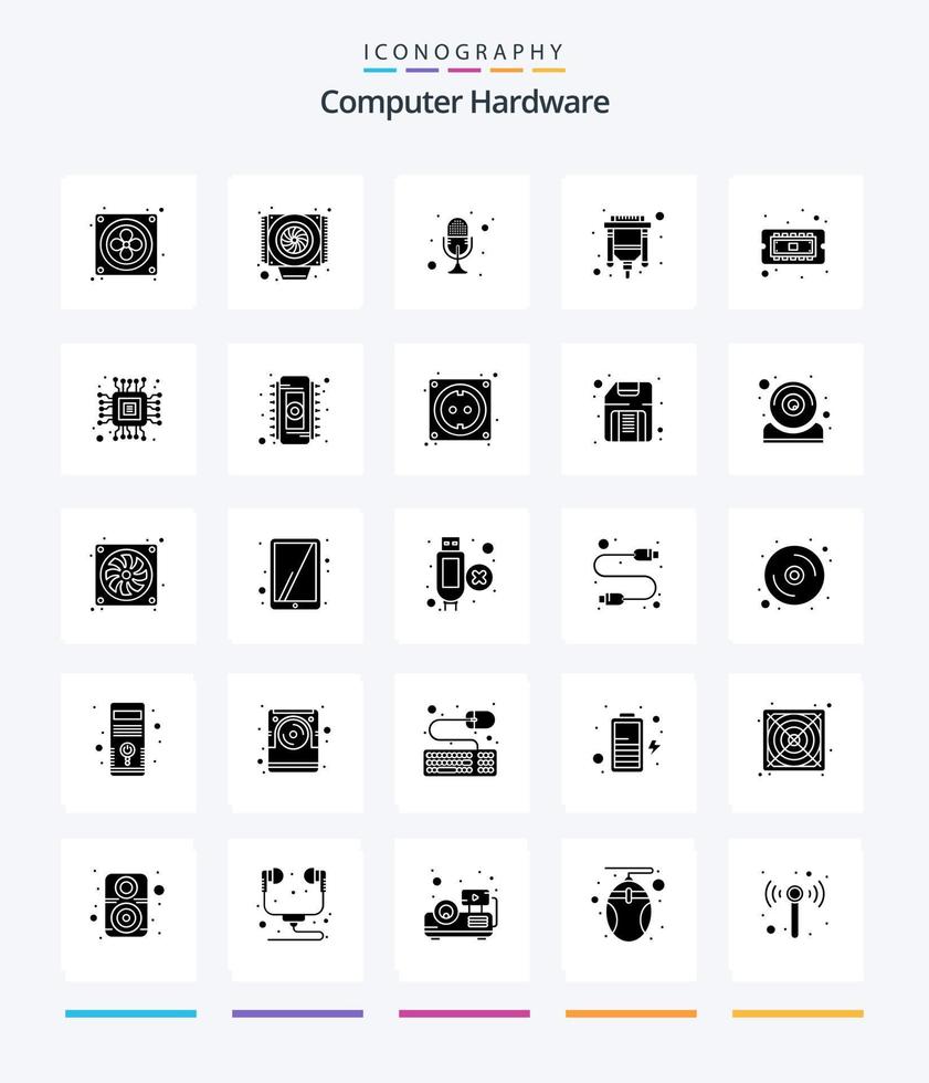 Creative Computer Hardware 25 Glyph Solid Black icon pack  Such As cpu. chip. mike. hdmi. connector vector