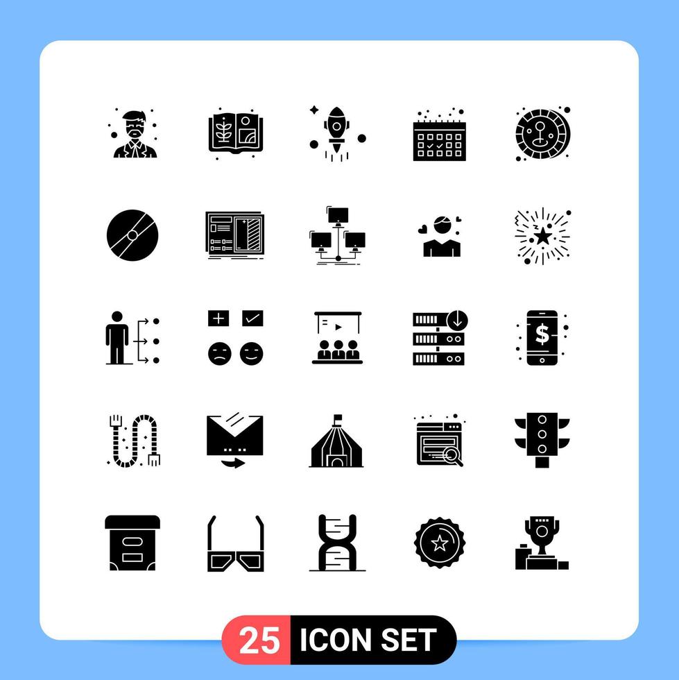 Modern Set of 25 Solid Glyphs and symbols such as cinema joystick rocket coin dates Editable Vector Design Elements