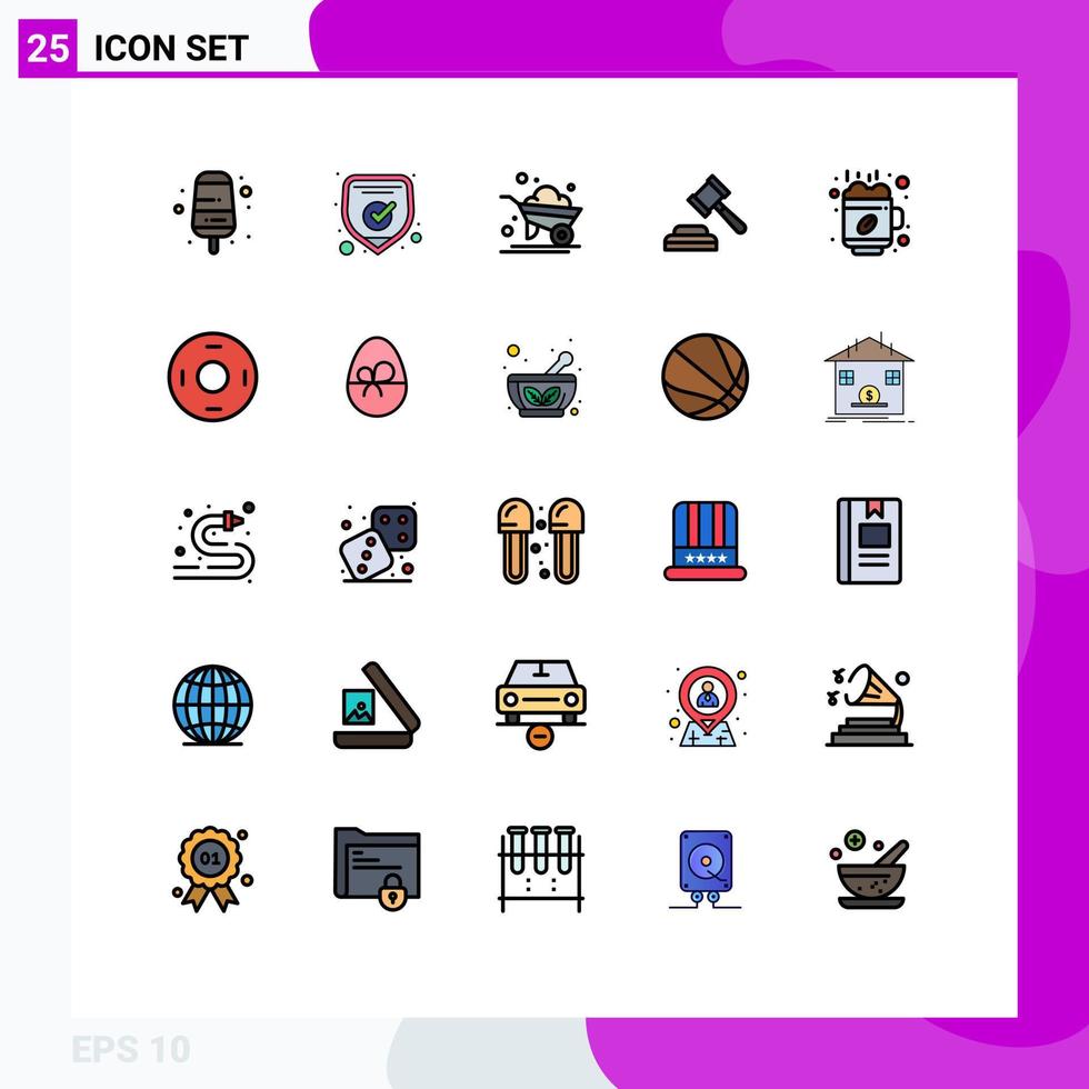 Mobile Interface Filled line Flat Color Set of 25 Pictograms of cup break farm hot judge Editable Vector Design Elements