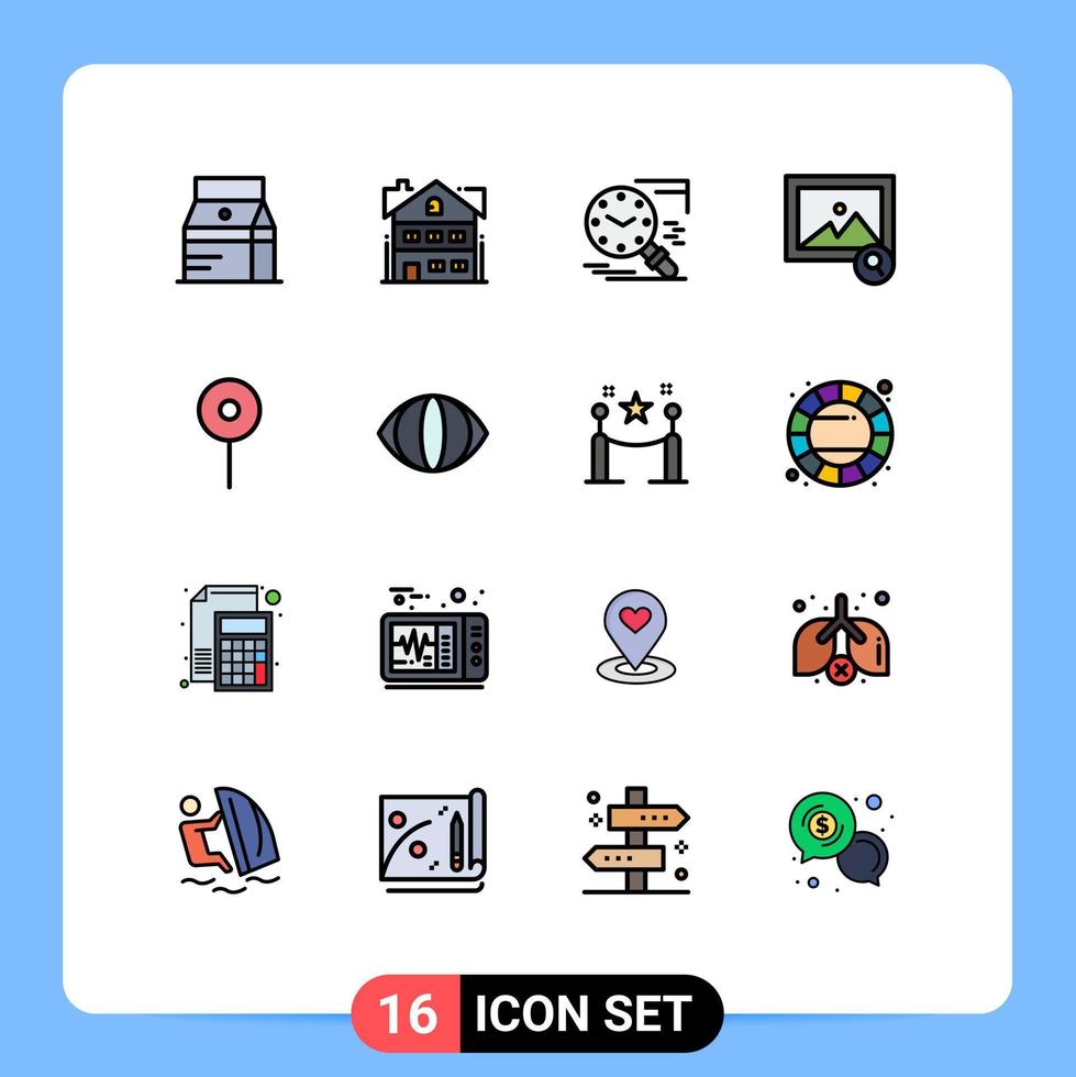 Pack of 16 Modern Flat Color Filled Lines Signs and Symbols for Web Print Media such as location photo home image history Editable Creative Vector Design Elements