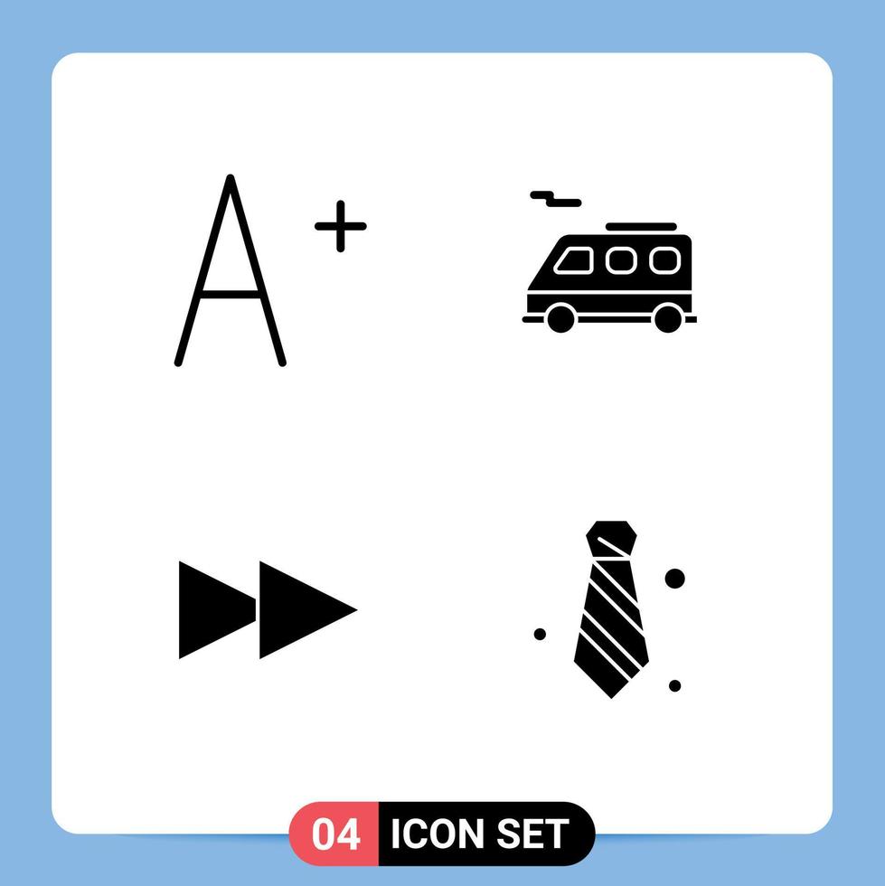 Mobile Interface Solid Glyph Set of 4 Pictograms of font necktie transport next Layer 1 Editable Vector Design Elements
