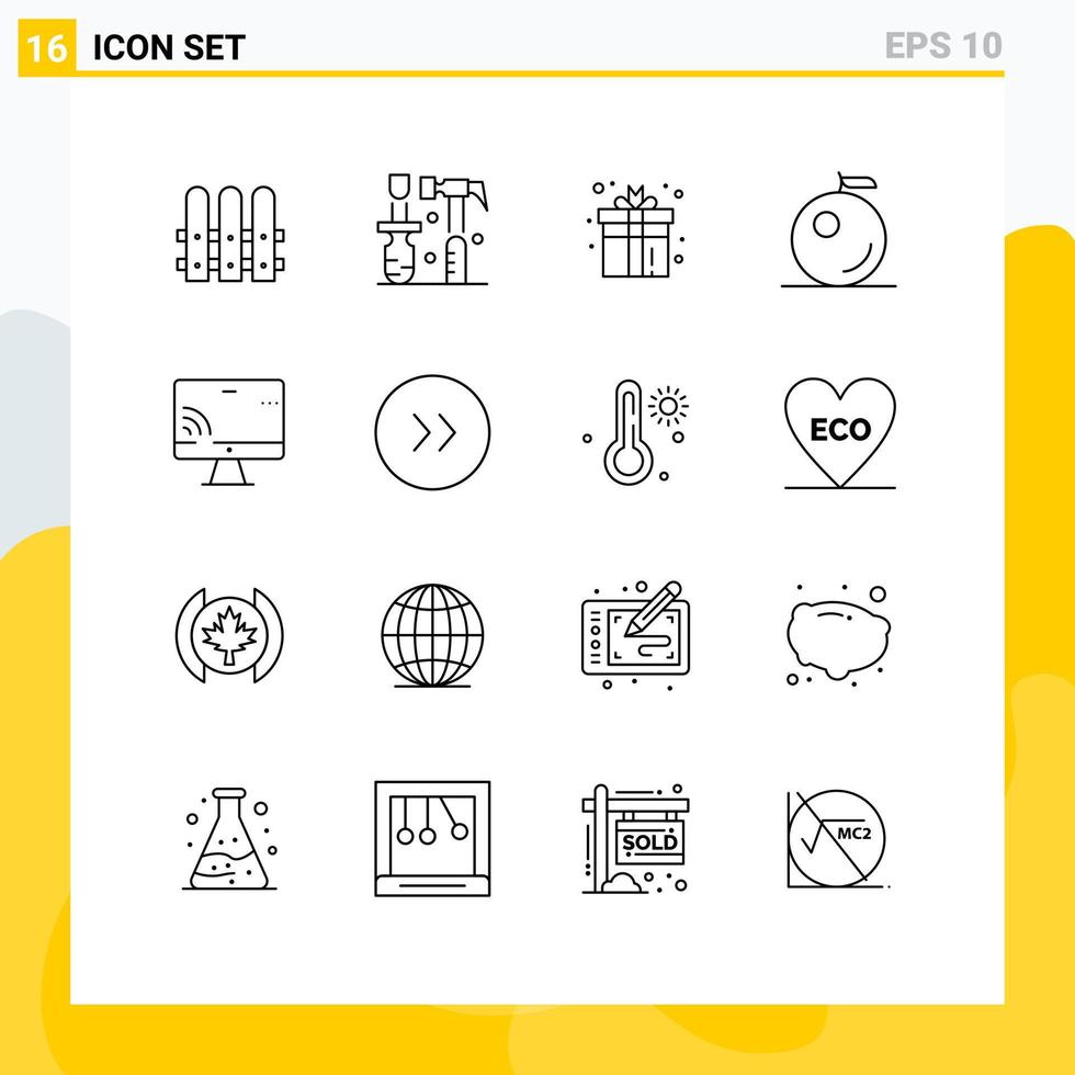 Universal Icon Symbols Group of 16 Modern Outlines of wifi monnitor box screen fruit Editable Vector Design Elements