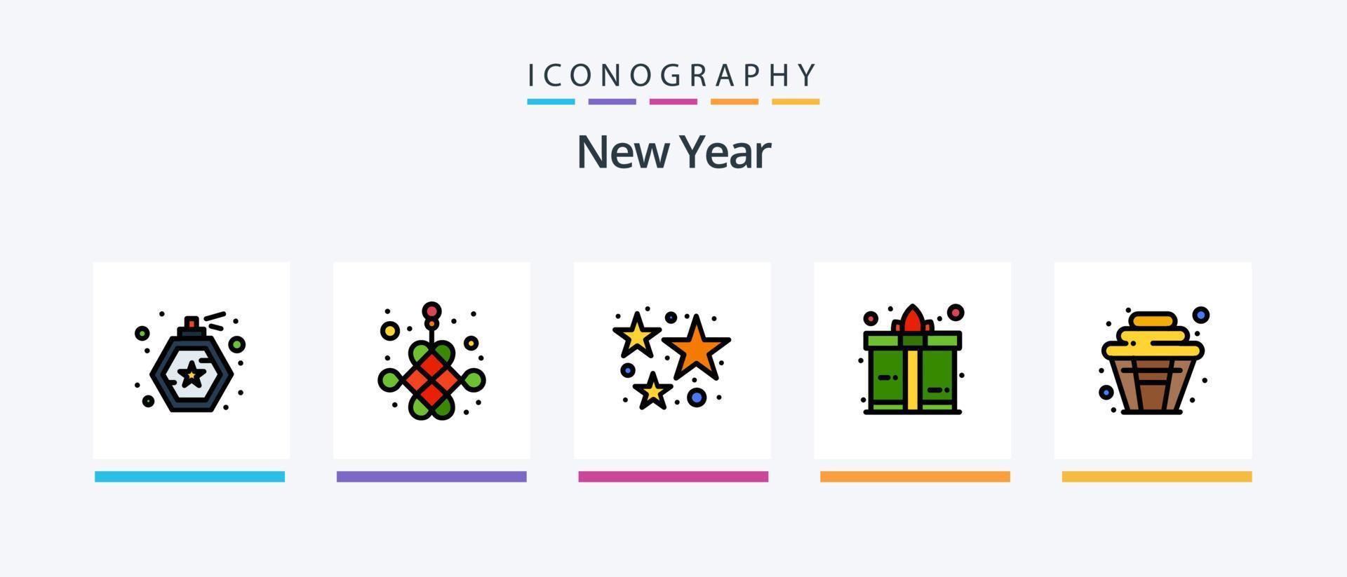 New Year Line Filled 5 Icon Pack Including . new year. liquor. countdown. present. Creative Icons Design vector