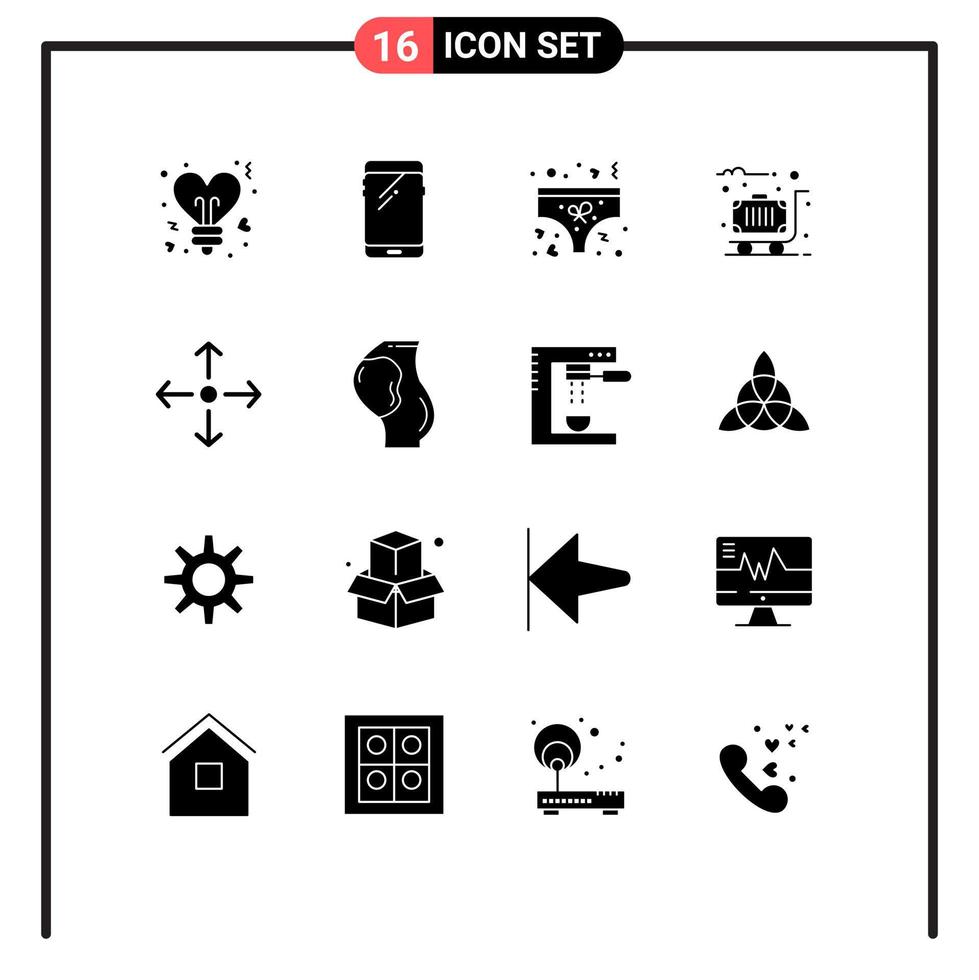 Editable Vector Line Pack of 16 Simple Solid Glyphs of arrow travel samsung suitcase underwear Editable Vector Design Elements