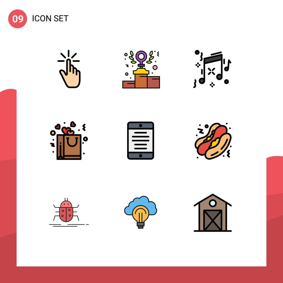 Set of 9 Commercial Filledline Flat Colors pack for interface love power heart party Editable Vector Design Elements