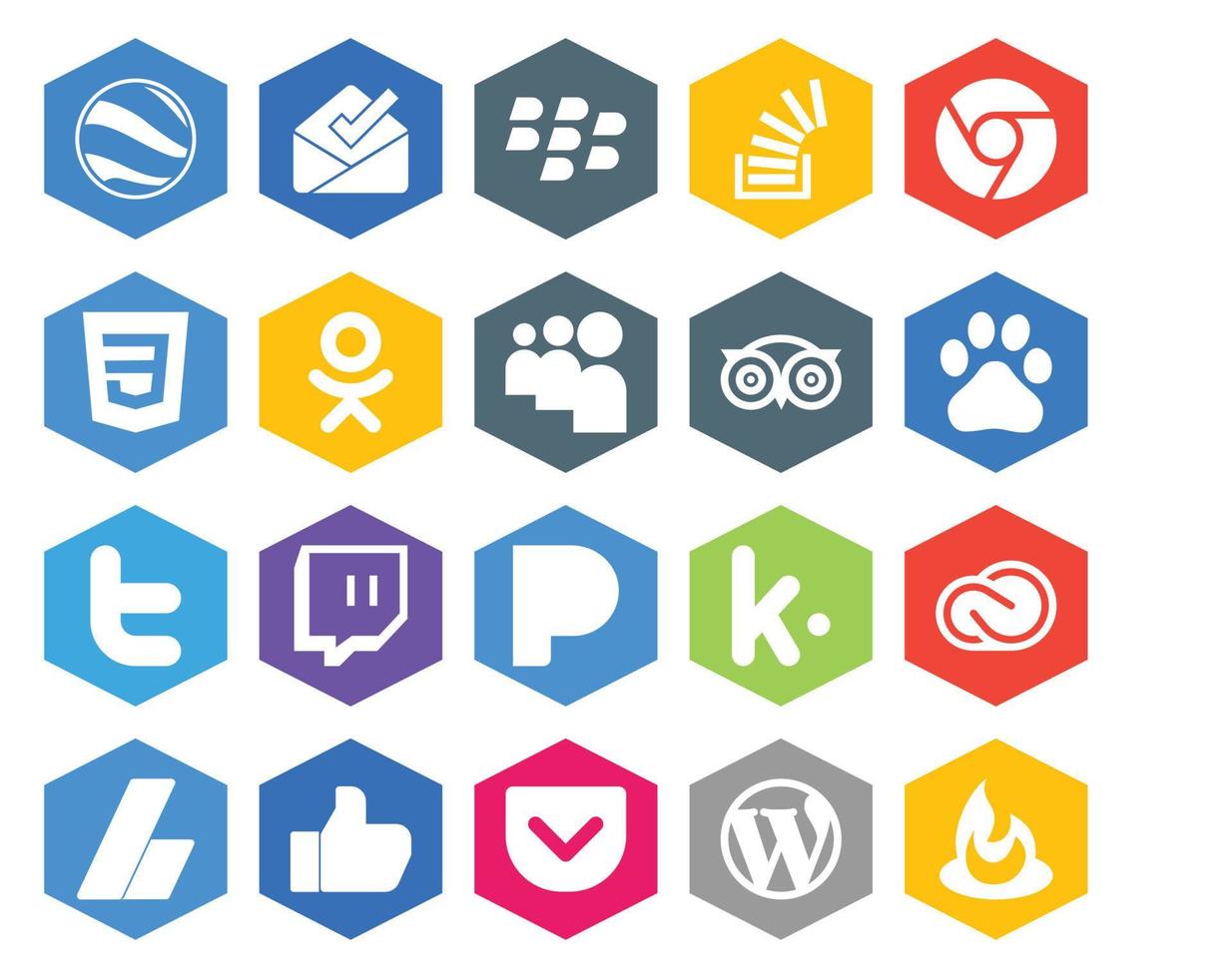 20 social medios de comunicación icono paquete incluso Pandora Pío css gorjeo viaje vector