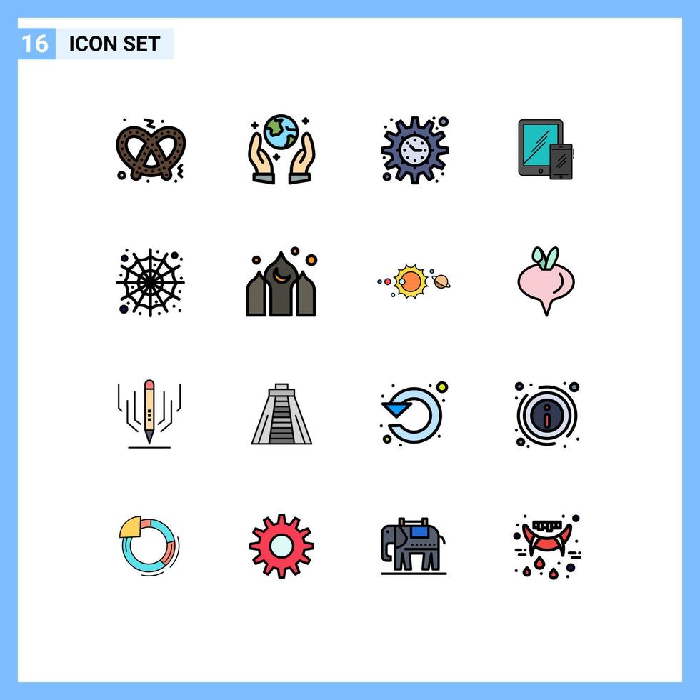 16 Universal Flat Color Filled Lines Set for Web and Mobile Applications spider web halloween timeline phone mobile Editable Creative Vector Design Elements