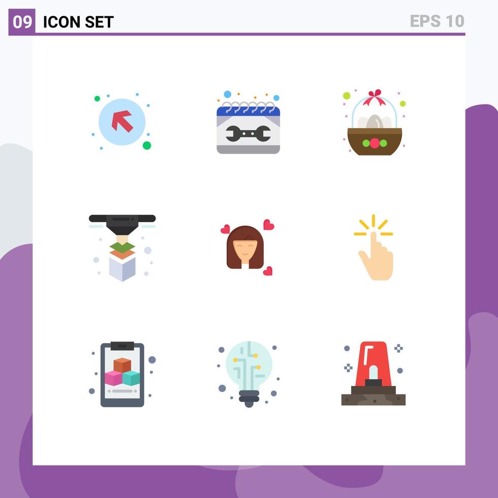 Mobile Interface Flat Color Set of 9 Pictograms of layer printer spanner modeling easter Editable Vector Design Elements