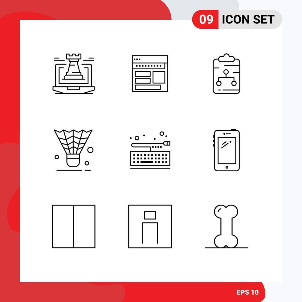 9 User Interface Outline Pack of modern Signs and Symbols of badminton document corporate network clipboard Editable Vector Design Elements