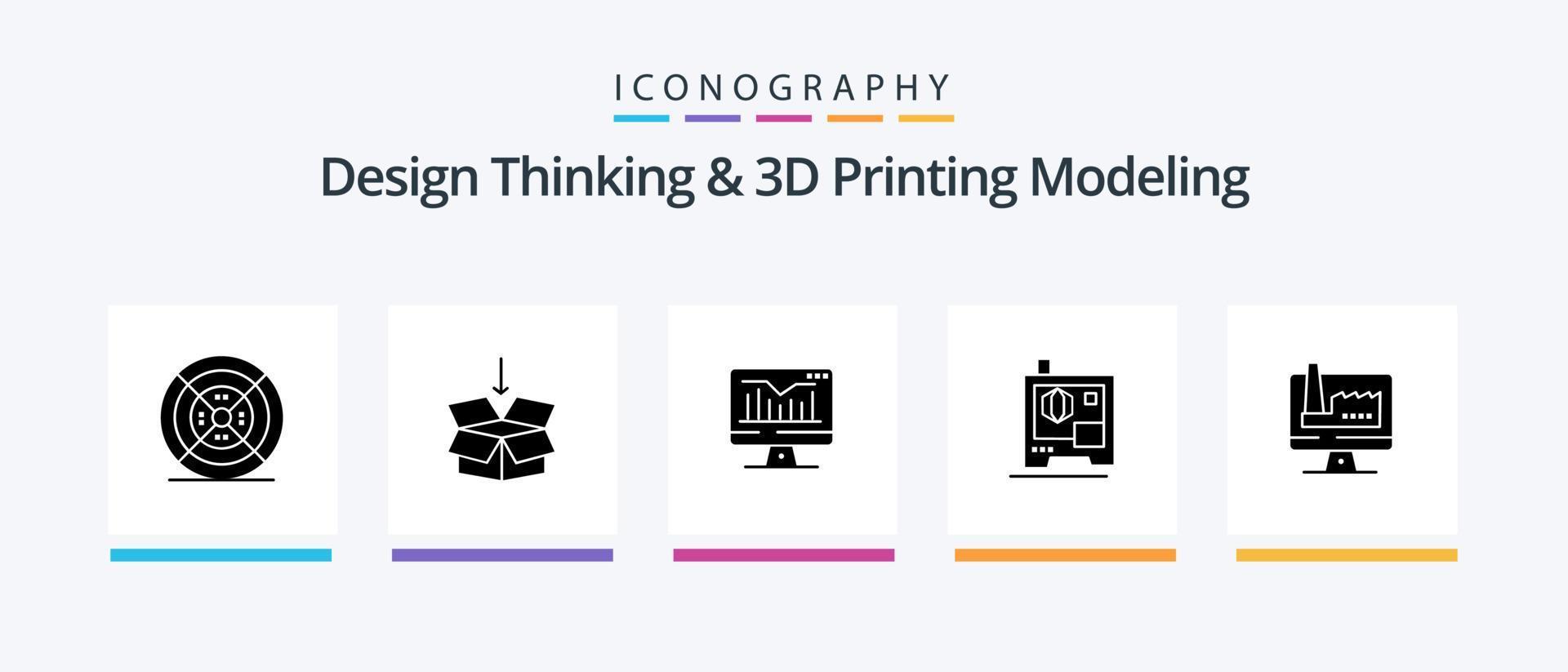 Design Thinking And D Printing Modeling Glyph 5 Icon Pack Including monitore. computer. computer. scanner. printer. Creative Icons Design vector