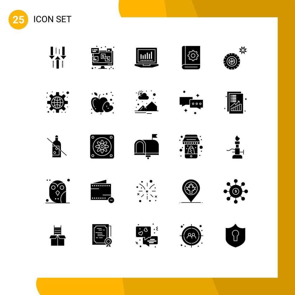 25 Universal Solid Glyph Signs Symbols of tires instruction monitor help assistant Editable Vector Design Elements