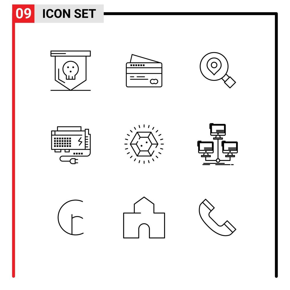 Pack of 9 creative Outlines of diamond power research computer apc Editable Vector Design Elements