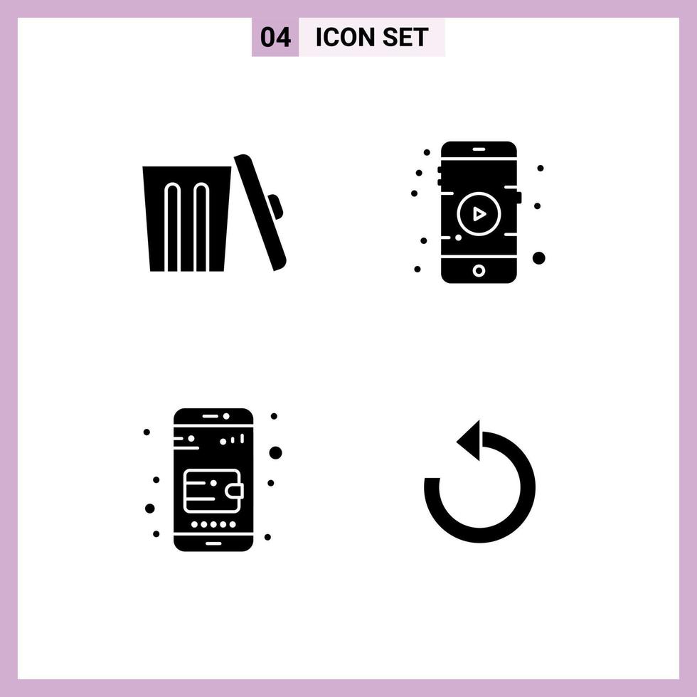 Universal Icon Symbols Group of 4 Modern Solid Glyphs of ecology purse trash play reload Editable Vector Design Elements