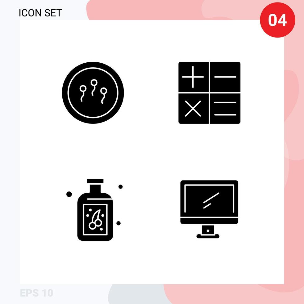 Editable Vector Line Pack of 4 Simple Solid Glyphs of biochemistry computer laboratory berry device Editable Vector Design Elements