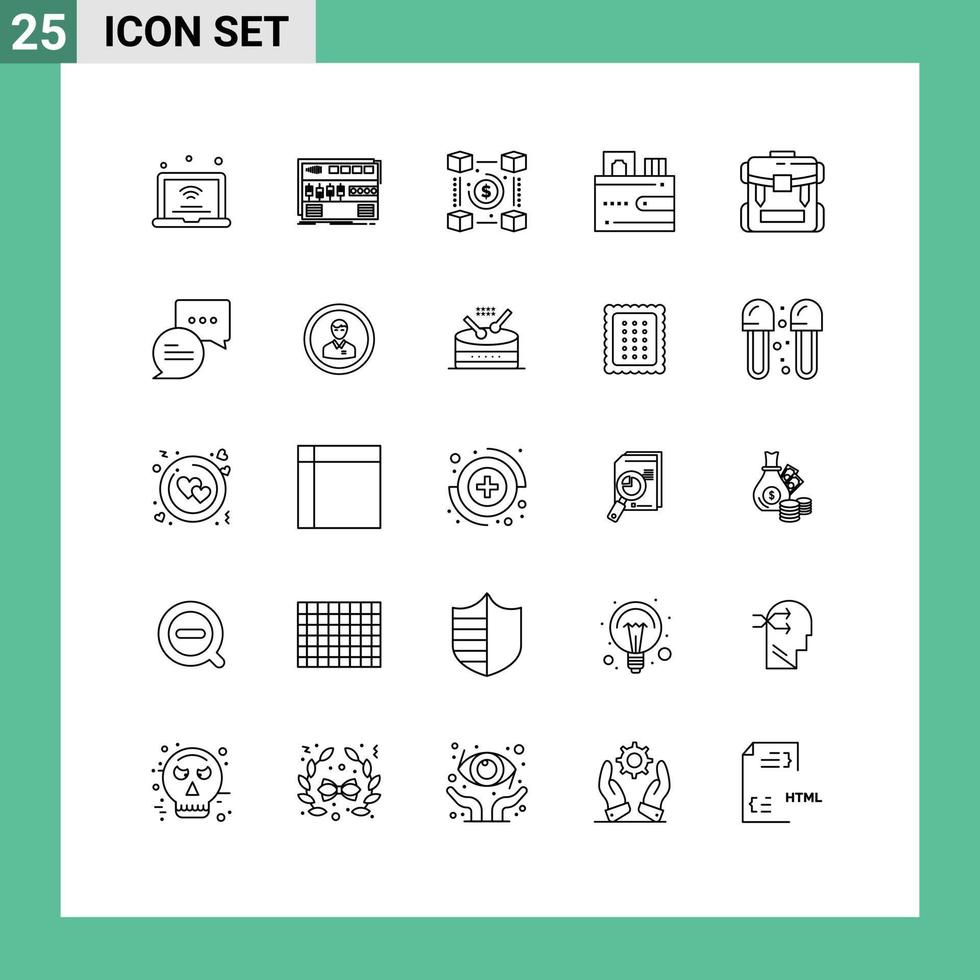 Pack of 25 Modern Lines Signs and Symbols for Web Print Media such as money card rackmount payments network Editable Vector Design Elements