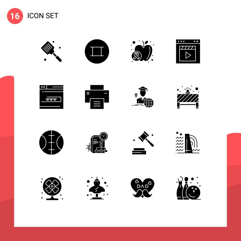 16 Thematic Vector Solid Glyphs and Editable Symbols of web interface apple film browser Editable Vector Design Elements