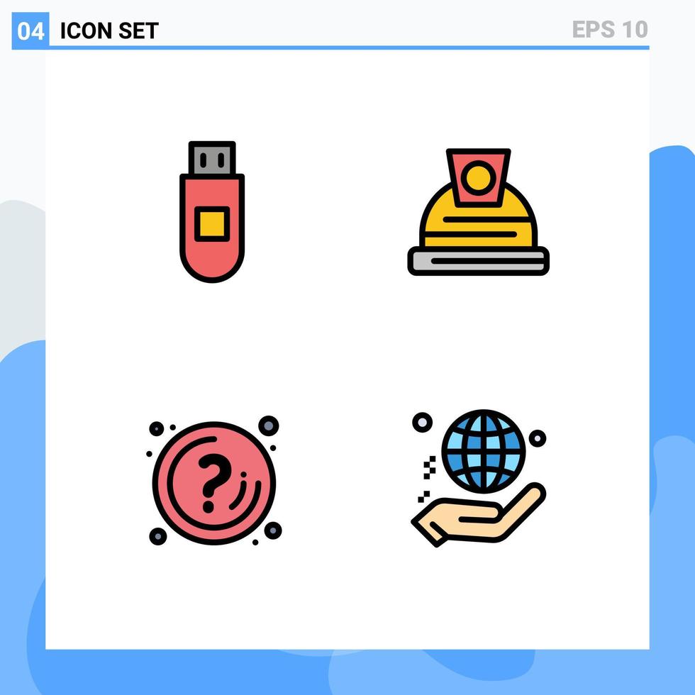 Modern Set of 4 Filledline Flat Colors Pictograph of usb info architecture help hand Editable Vector Design Elements