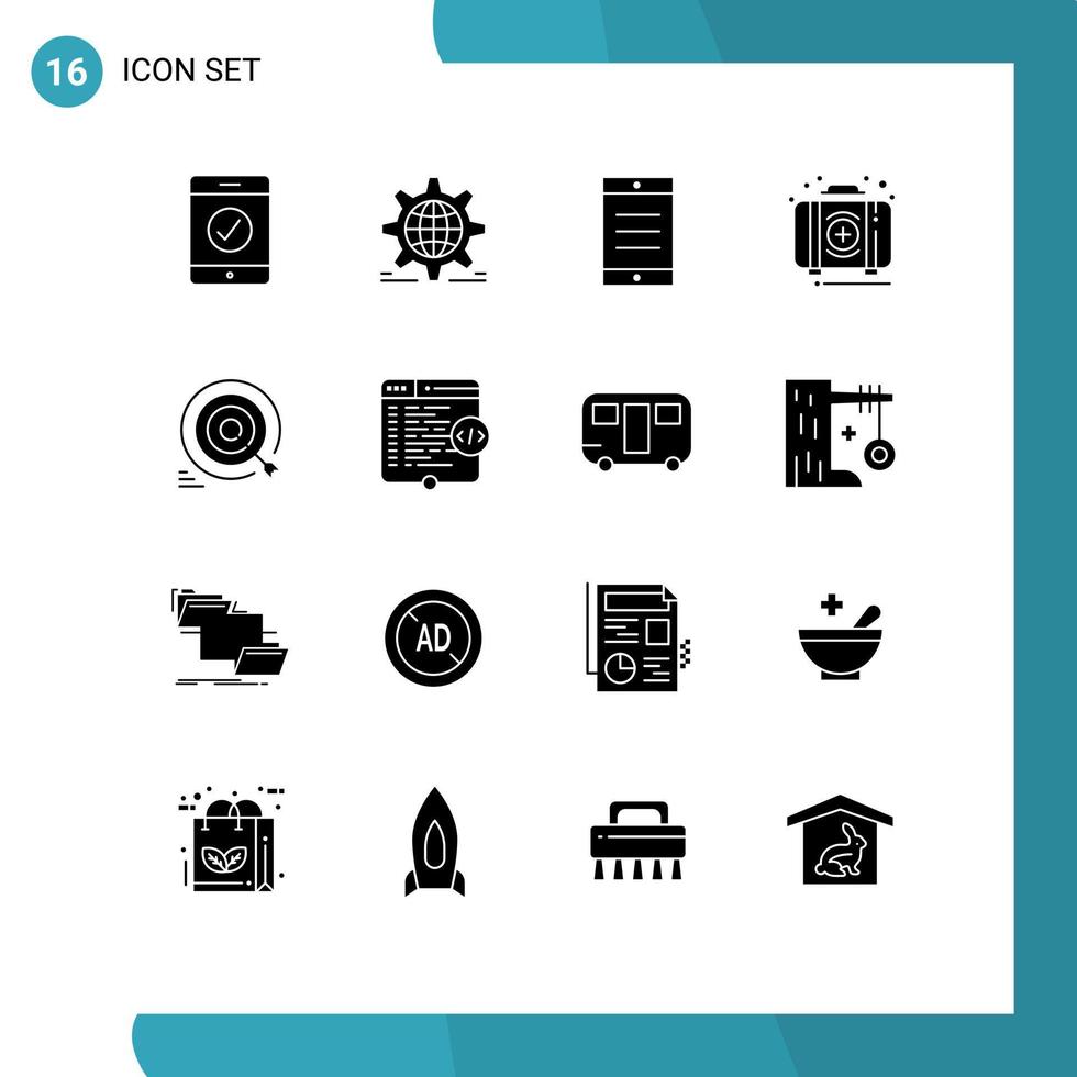 Pack of 16 Modern Solid Glyphs Signs and Symbols for Web Print Media such as target darts cell box first Editable Vector Design Elements
