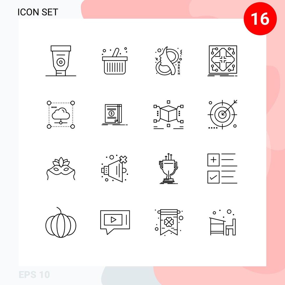 Editable Vector Line Pack of 16 Simple Outlines of cloud matrix eight network data Editable Vector Design Elements