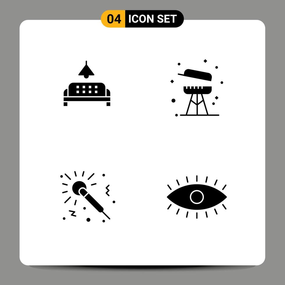 4 User Interface Solid Glyph Pack of modern Signs and Symbols of sofa music home equipment night Editable Vector Design Elements