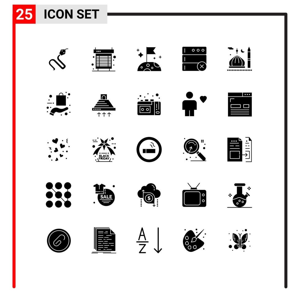 Mobile Interface Solid Glyph Set of 25 Pictograms of cresent mosque system serve database Editable Vector Design Elements