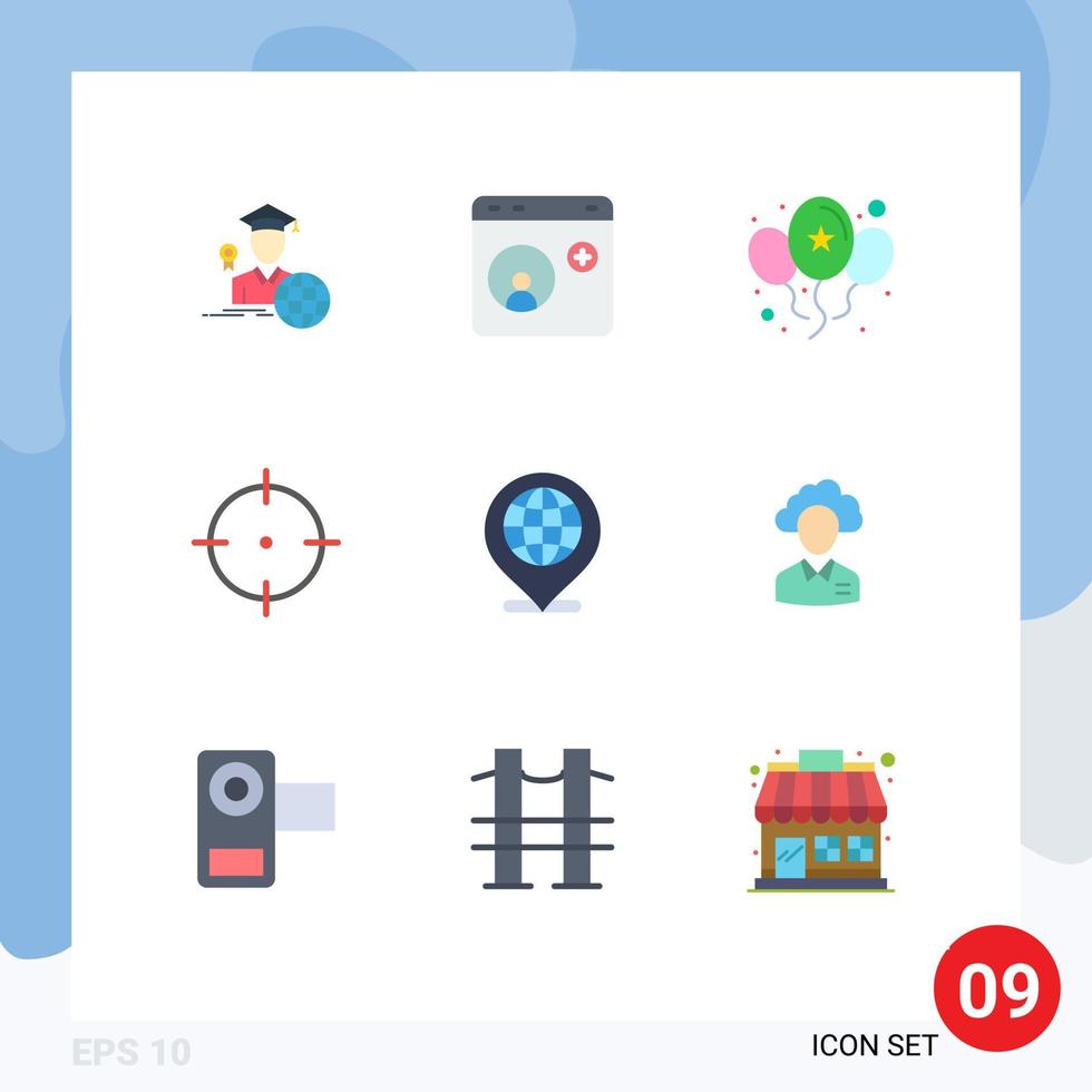 9 User Interface Flat Color Pack of modern Signs and Symbols of globe target social media goal day Editable Vector Design Elements