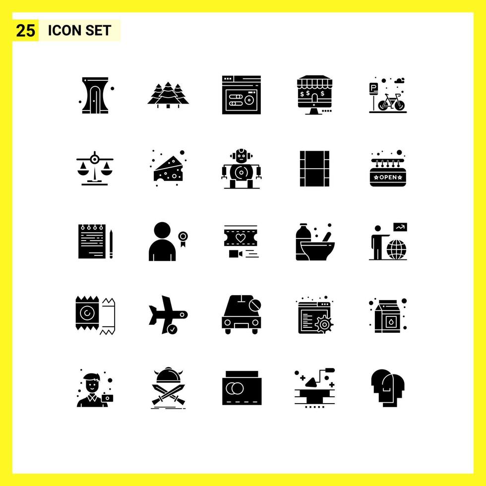Universal Icon Symbols Group of 25 Modern Solid Glyphs of park shop pines marketing web Editable Vector Design Elements