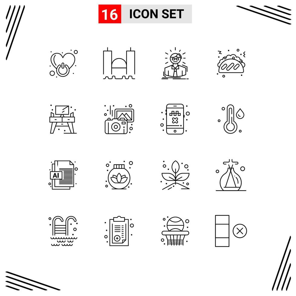 16 Thematic Vector Outlines and Editable Symbols of food taco industrial business man doctor Editable Vector Design Elements