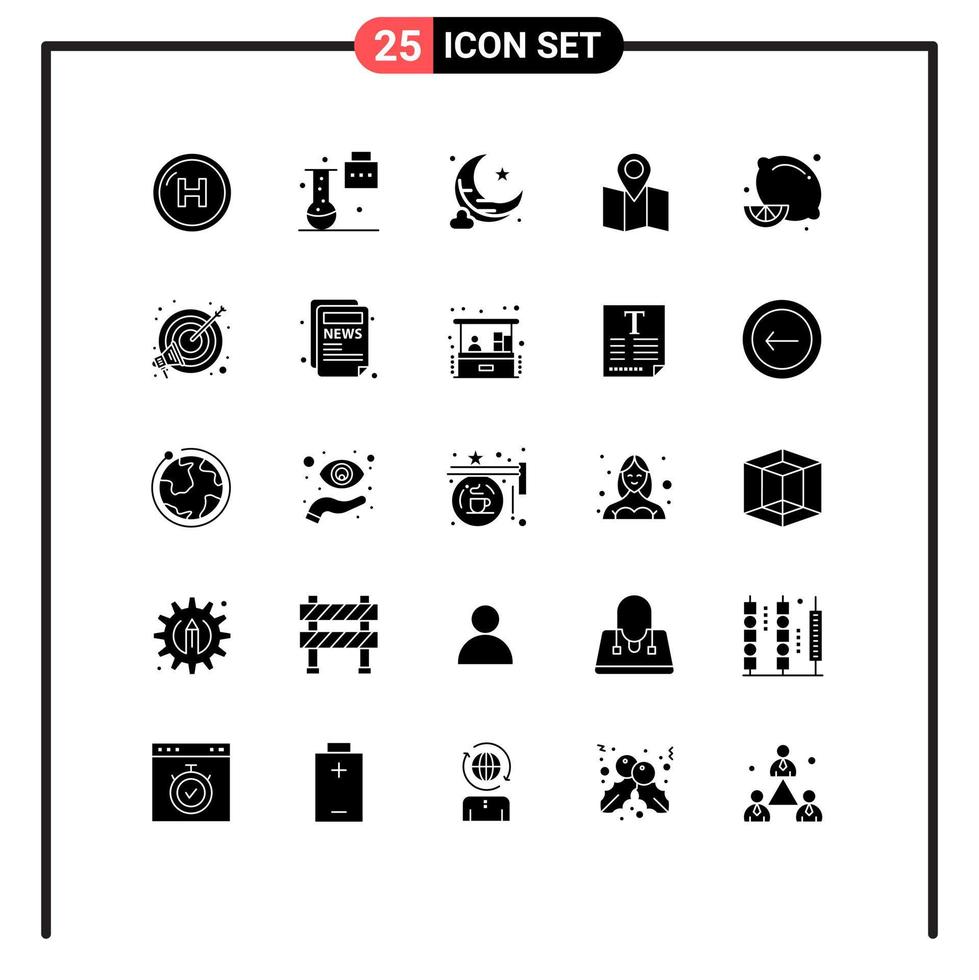 Editable Vector Line Pack of 25 Simple Solid Glyphs of diet food pointer science folder map star Editable Vector Design Elements