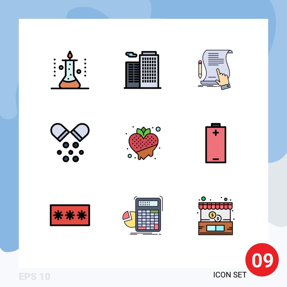 Mobile Interface Filledline Flat Color Set of 9 Pictograms of pills medical contract health agreement Editable Vector Design Elements