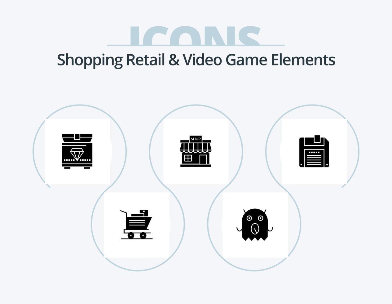 Shoping Retail And Video Game Elements Glyph Icon Pack 5 Icon Design. . diskette. gaming. floppy. store vector