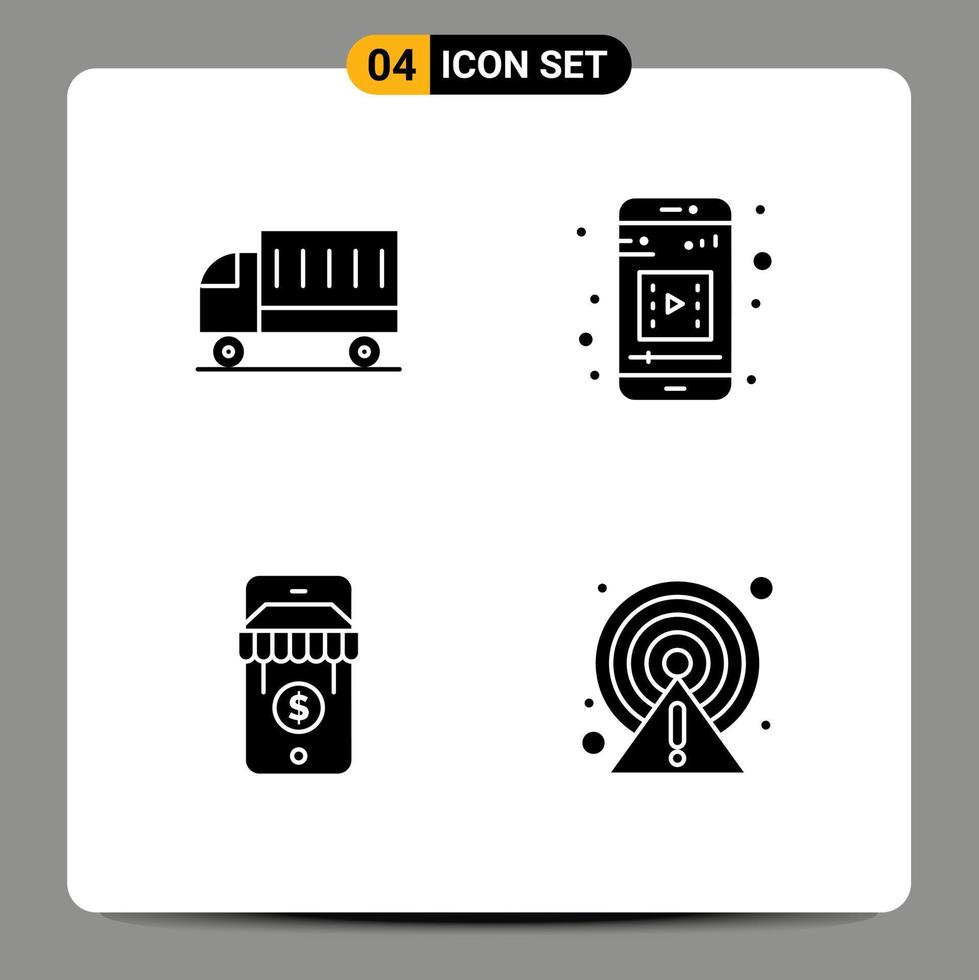 Mobile Interface Solid Glyph Set of 4 Pictograms of car shop transport mobile media alert Editable Vector Design Elements