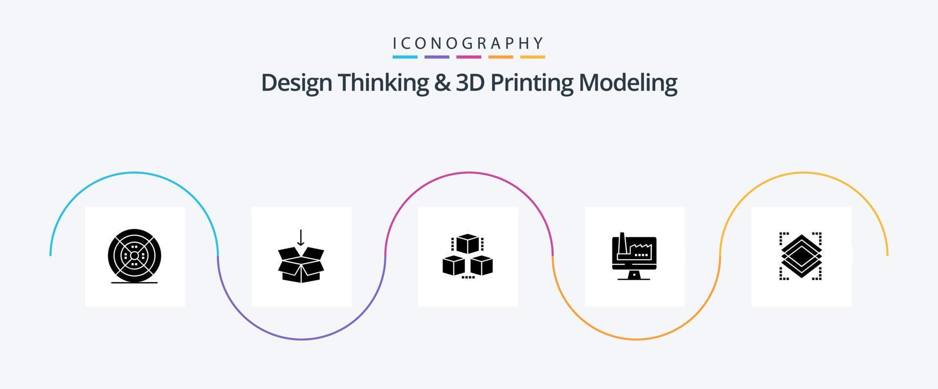 Design Thinking And D Printing Modeling Glyph 5 Icon Pack Including object. factory. box. monitore. computer vector