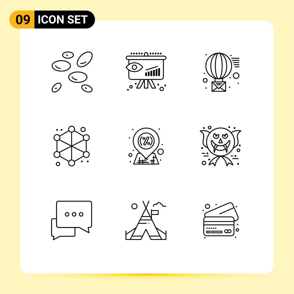 Pictogram Set of 9 Simple Outlines of location web email server analytics Editable Vector Design Elements