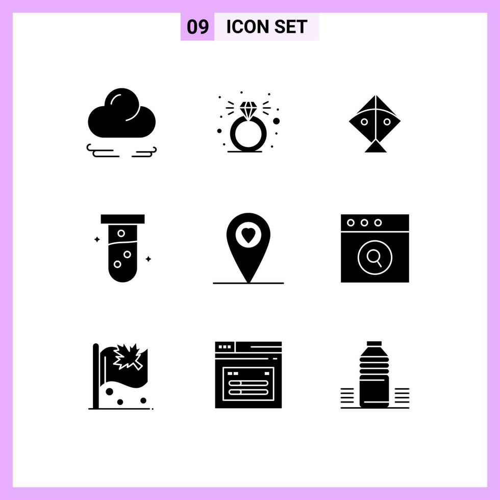 Solid Glyph Pack of 9 Universal Symbols of search app flying heart lab Editable Vector Design Elements