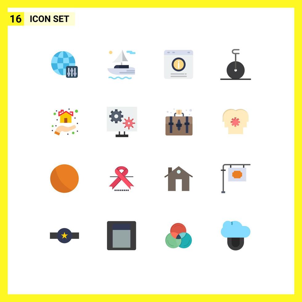 Modern Set of 16 Flat Colors and symbols such as house hand chat alert giving monocycle Editable Pack of Creative Vector Design Elements