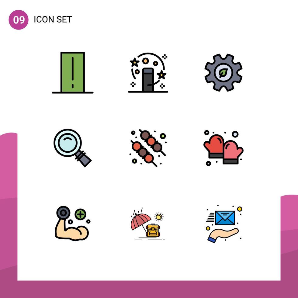 Pack of 9 Modern Filledline Flat Colors Signs and Symbols for Web Print Media such as barbecue magnifying transformation look environment Editable Vector Design Elements