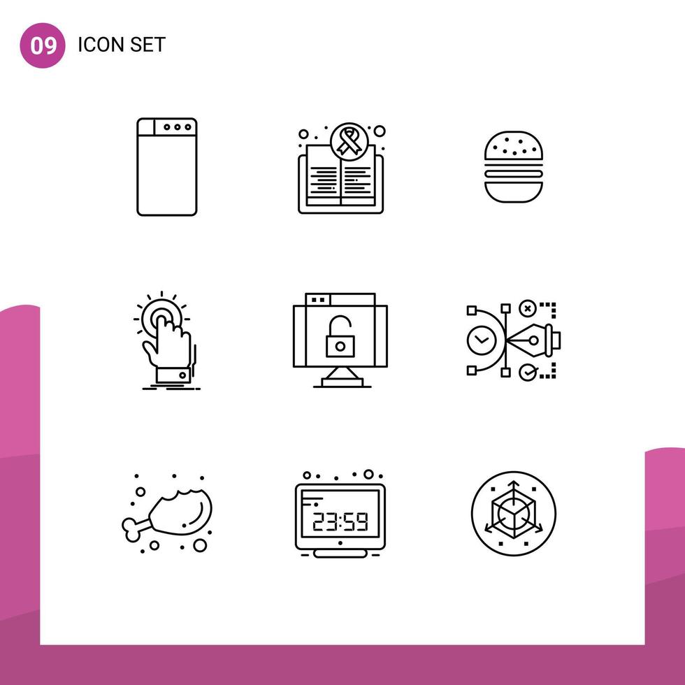 Modern Set of 9 Outlines Pictograph of lock start fastfood on click Editable Vector Design Elements