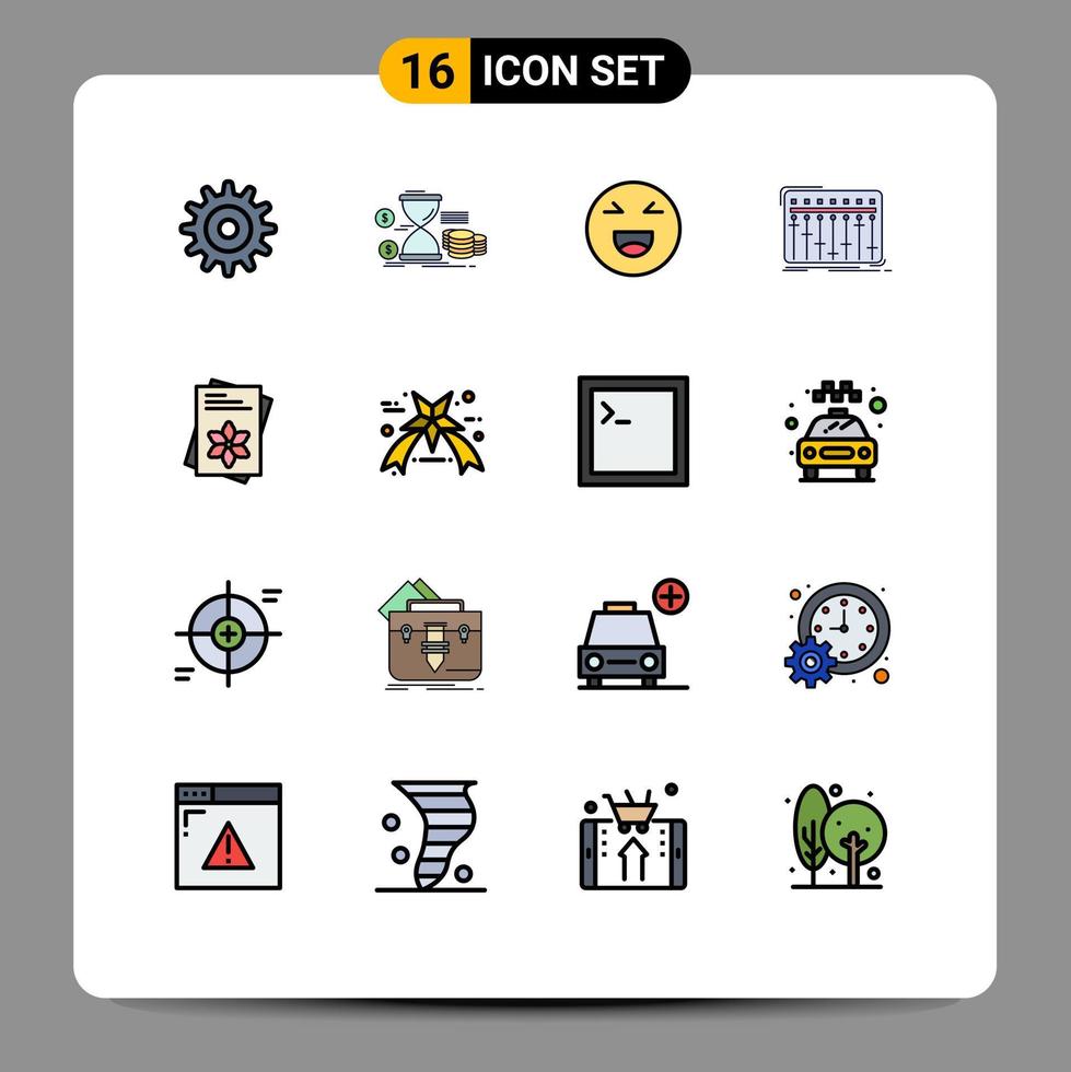 Modern Set of 16 Flat Color Filled Lines and symbols such as seeds music chat mixer console Editable Creative Vector Design Elements