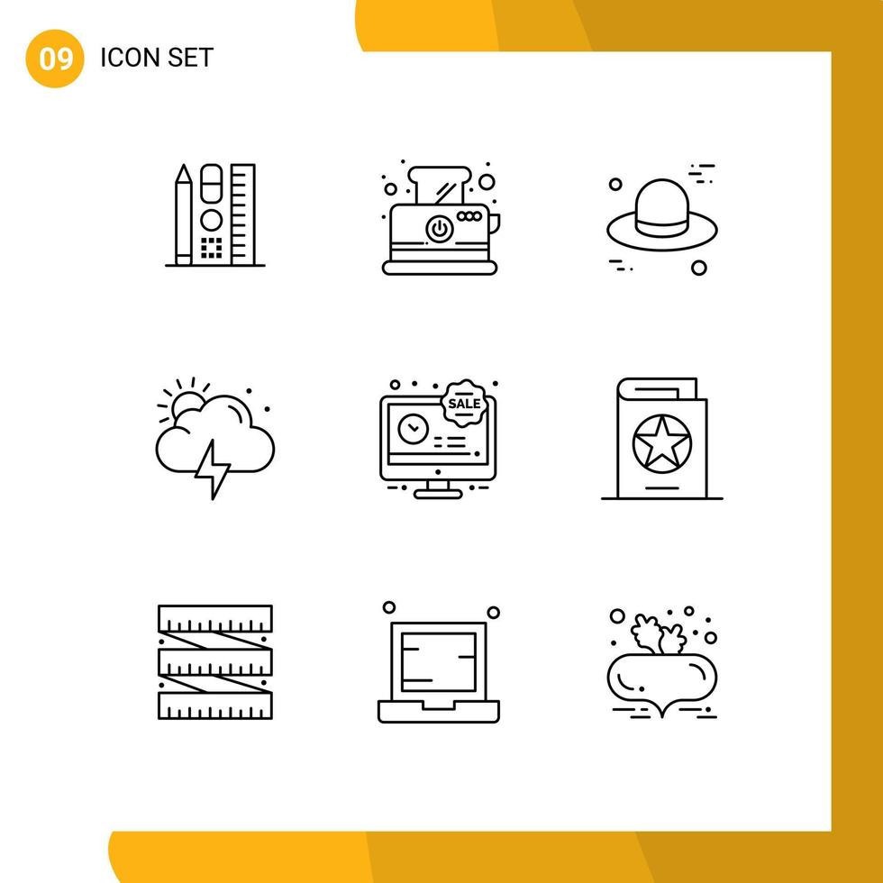 Pack of 9 Modern Outlines Signs and Symbols for Web Print Media such as discount limited time hat lcd weather Editable Vector Design Elements