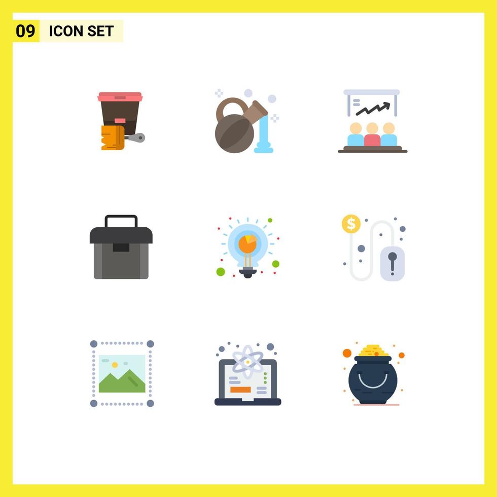 Pictogram Set of 9 Simple Flat Colors of solution suitcase board portfolio briefcase Editable Vector Design Elements