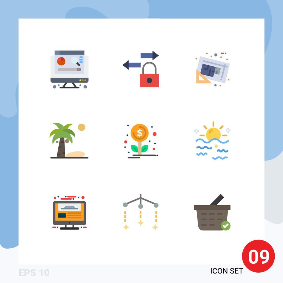 Modern Set of 9 Flat Colors Pictograph of investment financing map summer coconut Editable Vector Design Elements