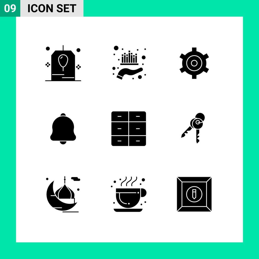 Set of 9 Vector Solid Glyphs on Grid for decor sound wealth notification alert Editable Vector Design Elements