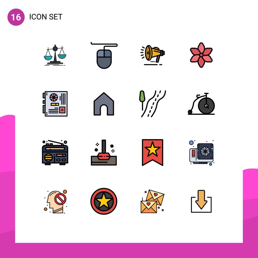 Universal Icon Symbols Group of 16 Modern Flat Color Filled Lines of motherboard mainboard voice main plant Editable Creative Vector Design Elements