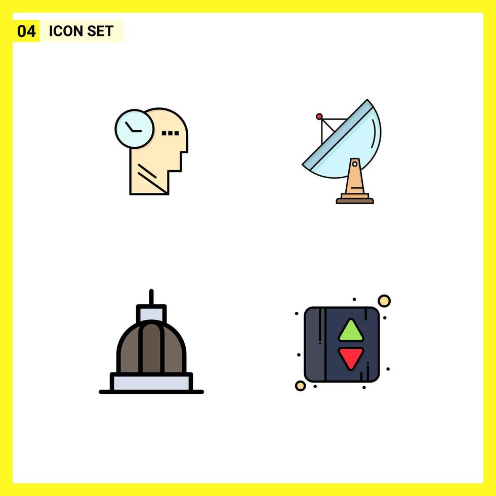 4 Universal Filledline Flat Color Signs Symbols of time architecture head radar building Editable Vector Design Elements