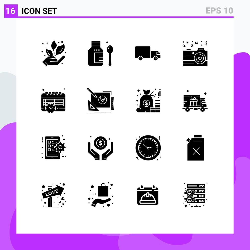 Mobile Interface Solid Glyph Set of 16 Pictograms of time calendar logistics valentine love Editable Vector Design Elements