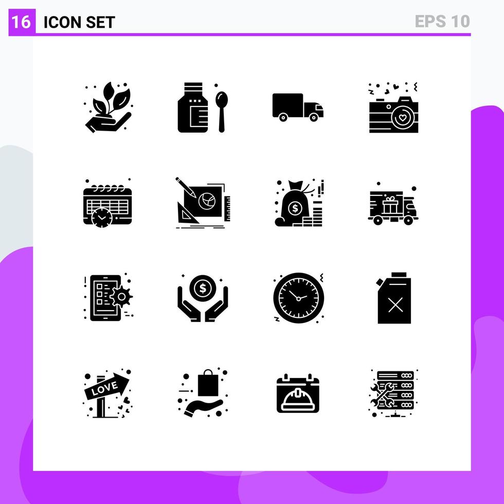 móvil interfaz sólido glifo conjunto de dieciséis pictogramas de hora calendario logística enamorado amor editable vector diseño elementos