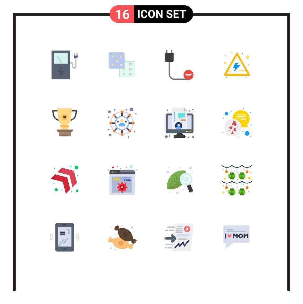 Pack of 16 Modern Flat Colors Signs and Symbols for Web Print Media such as achievement award devices trophy danger Editable Pack of Creative Vector Design Elements