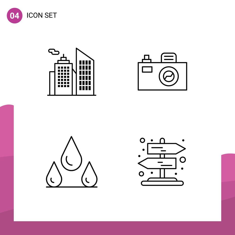 Set of 4 Modern UI Icons Symbols Signs for building road camera drops signpost Editable Vector Design Elements