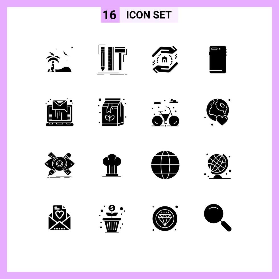 Pack of 16 Modern Solid Glyphs Signs and Symbols for Web Print Media such as email back pencil mobile phone Editable Vector Design Elements
